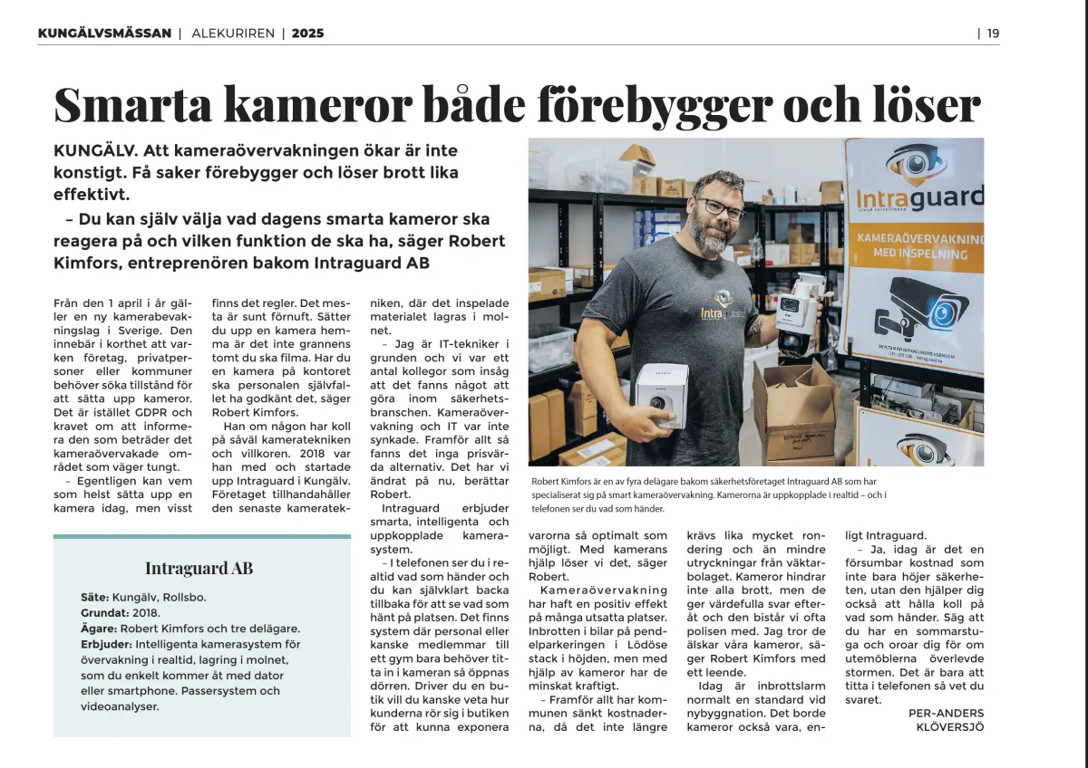 Tidningsartikel om Intraguard: Smarta kameror både förebygger och löser, Alekuriren 2025